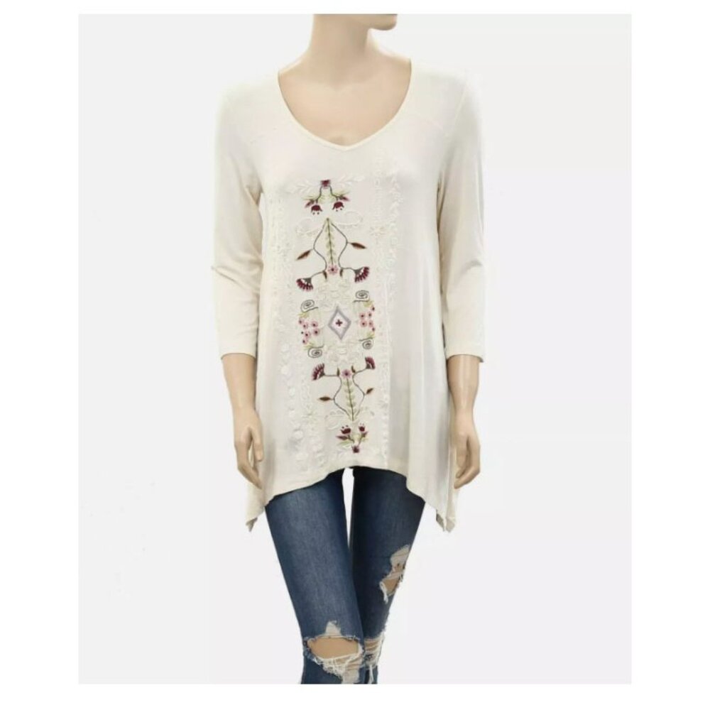 Caite Anthropologie Floral Embroidered Tunic Top Asymmetrical Ivory S New 277194
